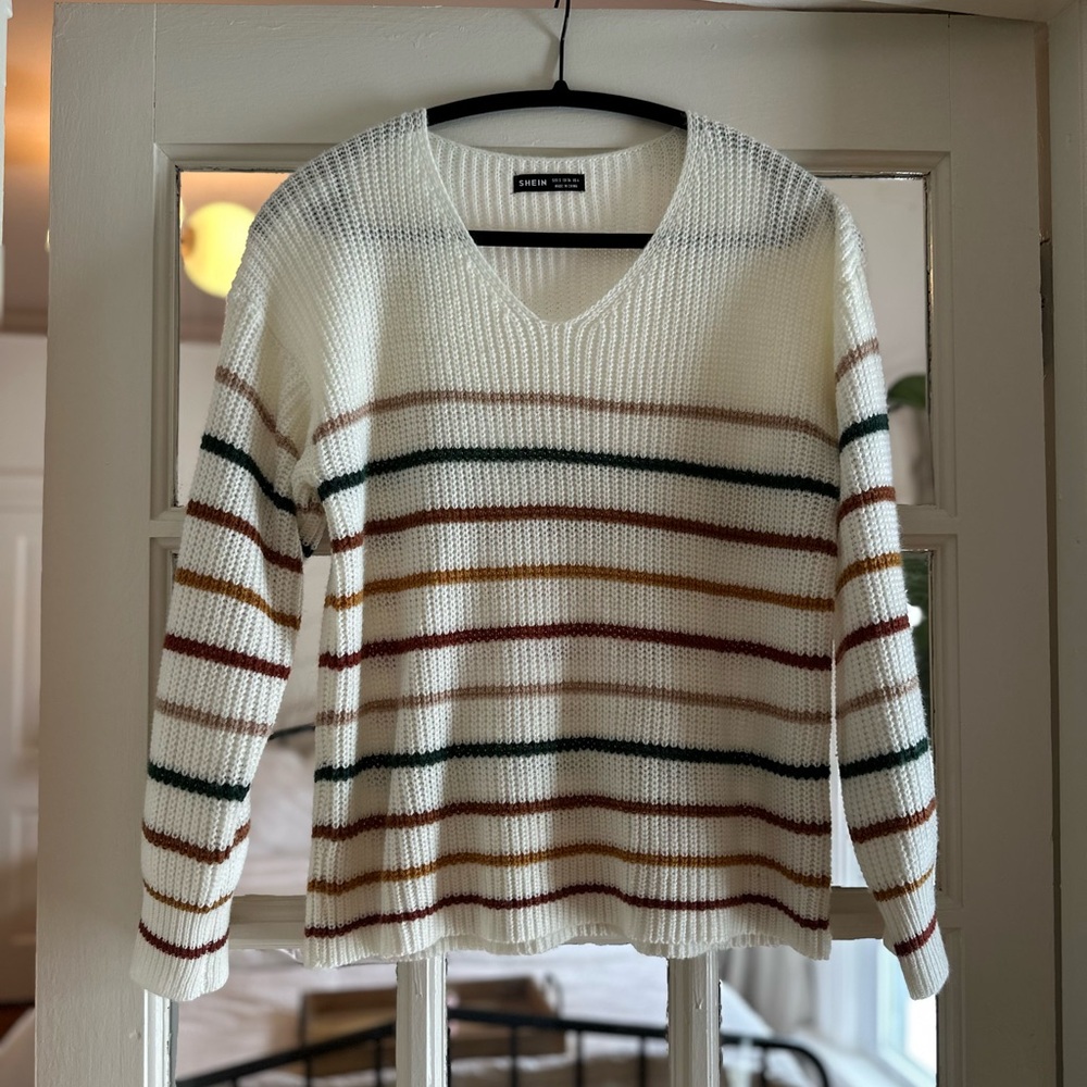 SHEIN White V-Neck Sweater with Multicolor Stripes